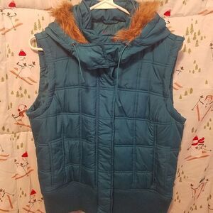 Cute, greenish blue, sleeveless winter vest coat with snazzy buttons and hoodie